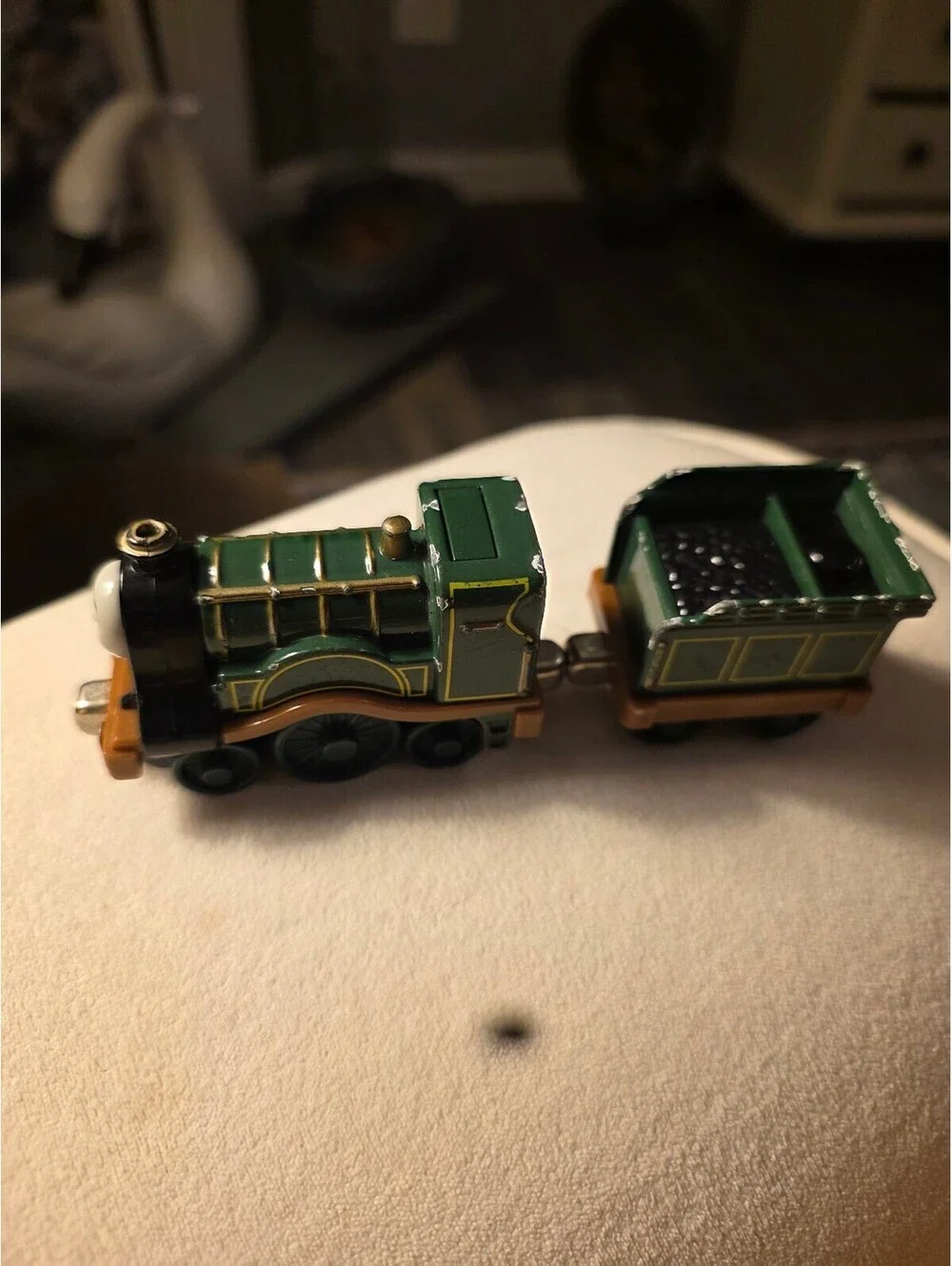 Vintage Green Toy Train Engine and Coal Car with Face Detail